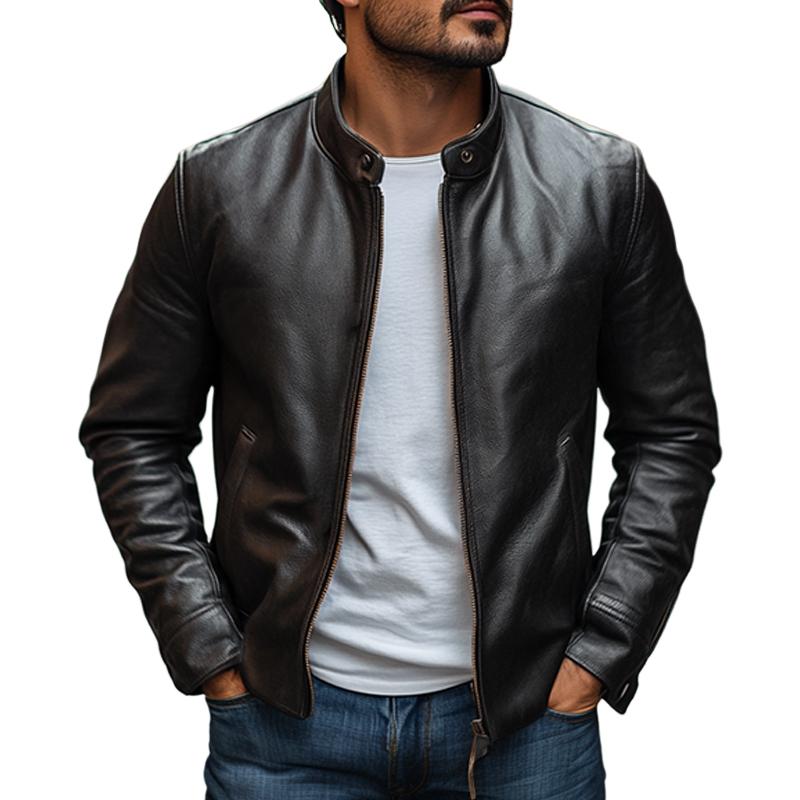 Men's Elegant Stand Collar Slim Zipper Leather Jacket