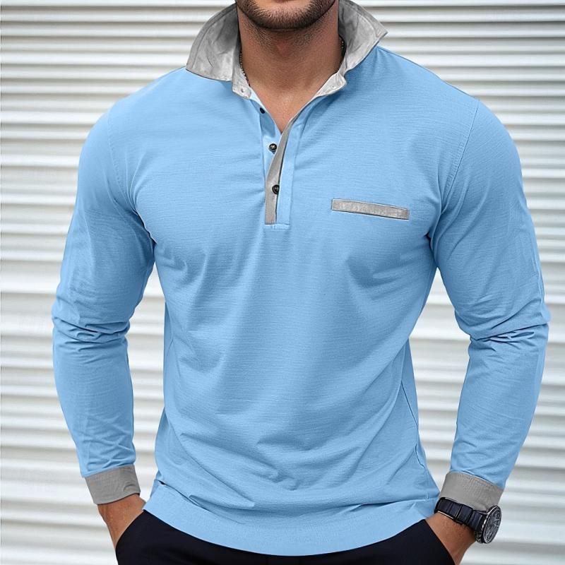 Men's Colorblock Long Sleeve Lapel Polo Shirt