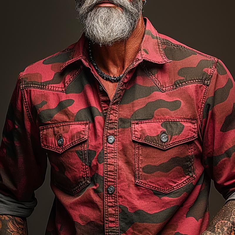 Men's Camouflage Lapel Chest Pocket Cargo Shirt