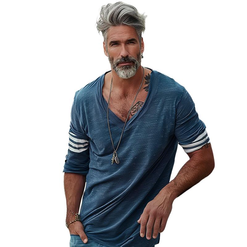 T-shirt ample à manches longues et col en V pour homme, motif patchwork rayé 