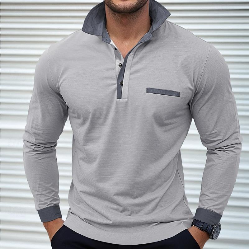 Men's Colorblock Long Sleeve Lapel Polo Shirt