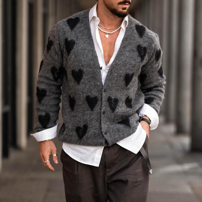 Men's Fashion Heart Graphic V Neck Single Breasted Knit Cardigan