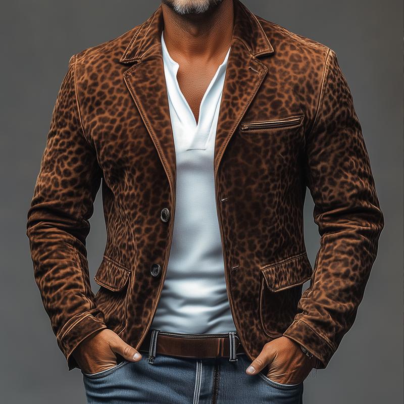 Men's Vintage Leopard Suede  Notch Lapel Multi-pocket Single Breasted Blazer