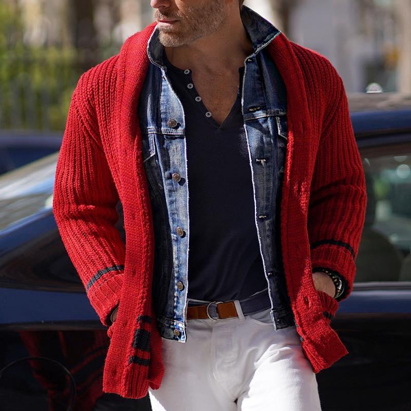Men's Vintage Color Block Striped Lapel Single-breasted Knit Cardigan