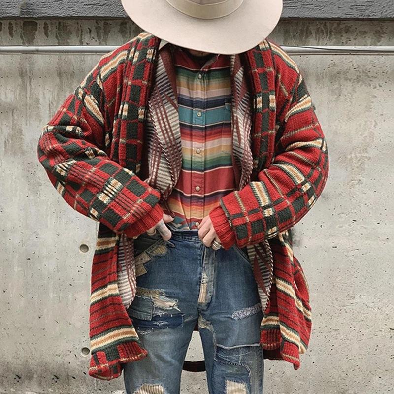 Cardigan décontracté en maille ample à carreaux pour homme