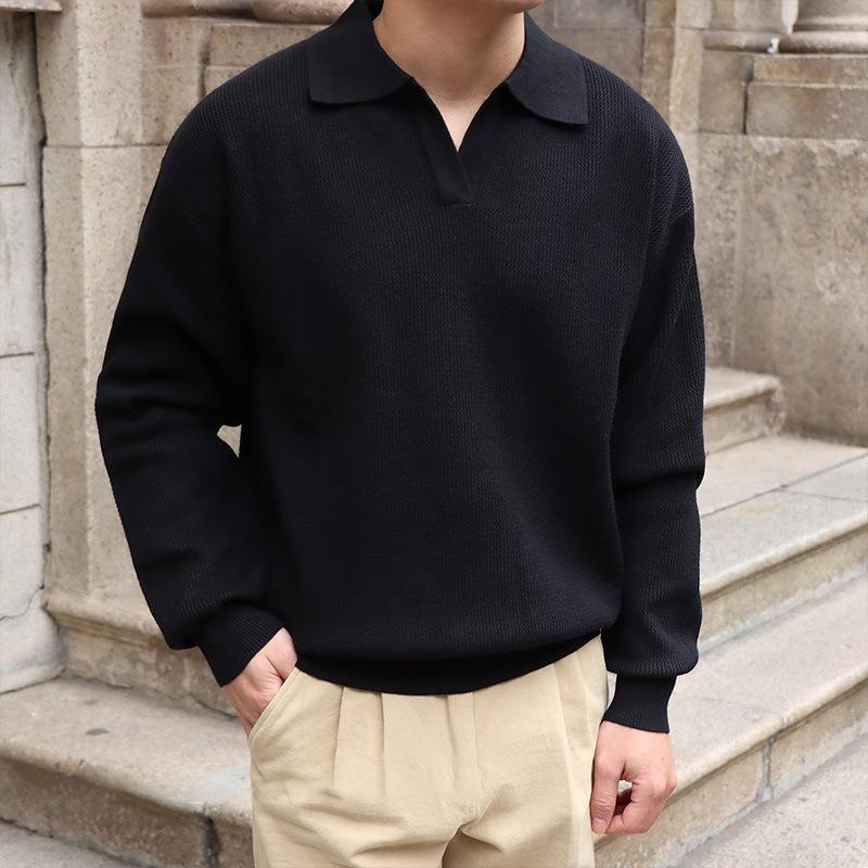 Polo en tricot à manches longues et revers de couleur unie pour homme
