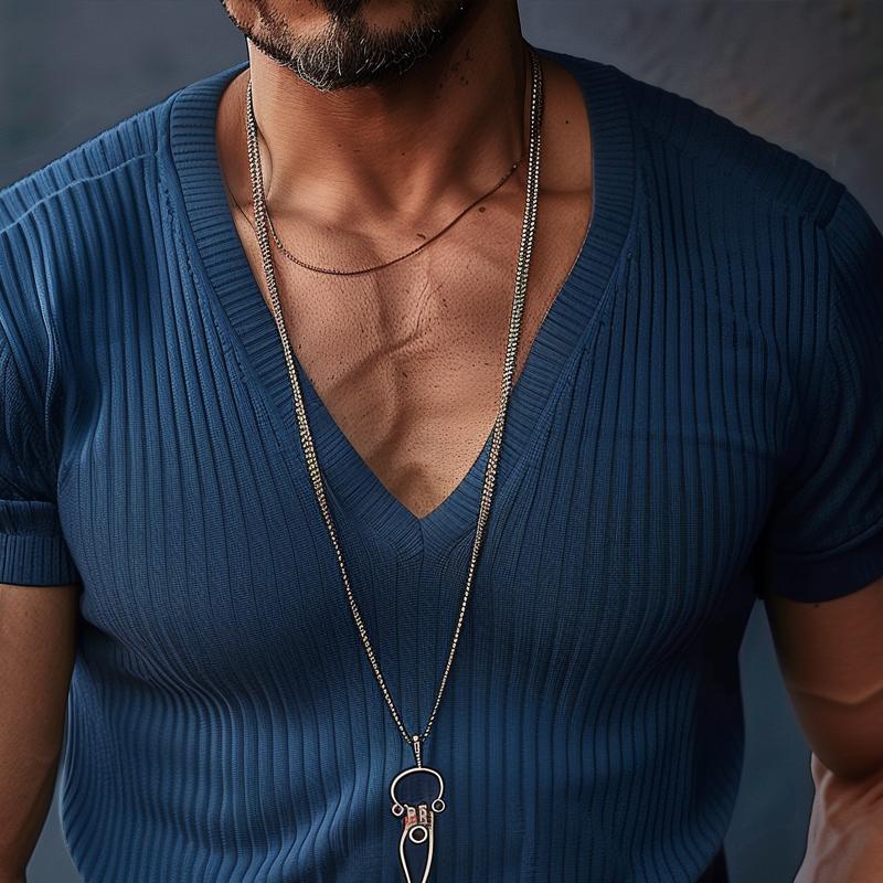 Men's Solid V Neck Short Sleeve Knit T-shirt