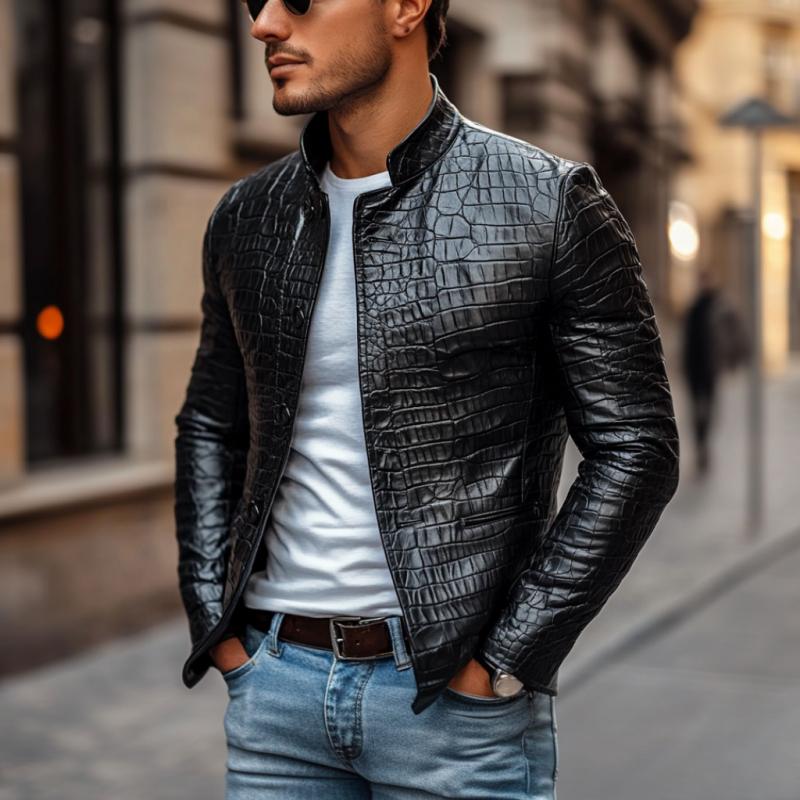Men's Fashion Crocodile Leather Stand Collar Single Breasted Slim Fit Jacket
