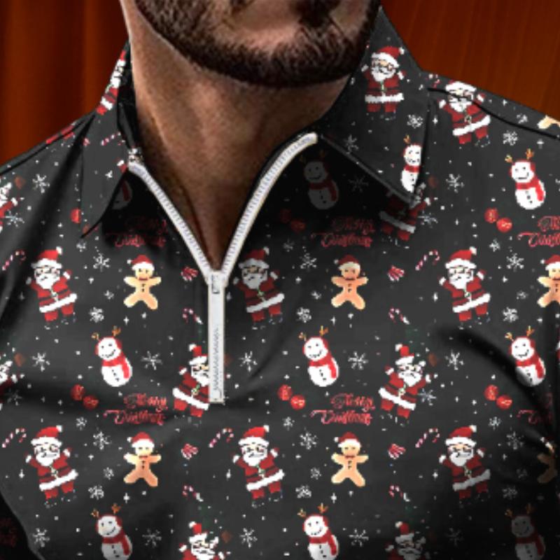 Men's Retro Casual Christmas Floral Print Long Sleeve Polo Shirt