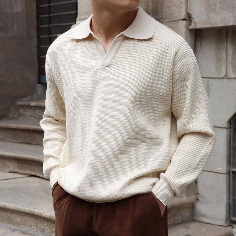 Polo en tricot à manches longues et revers de couleur unie pour homme