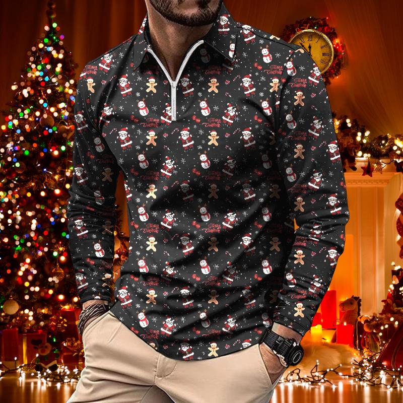 Polo à manches longues pour homme, style rétro décontracté, imprimé floral de Noël