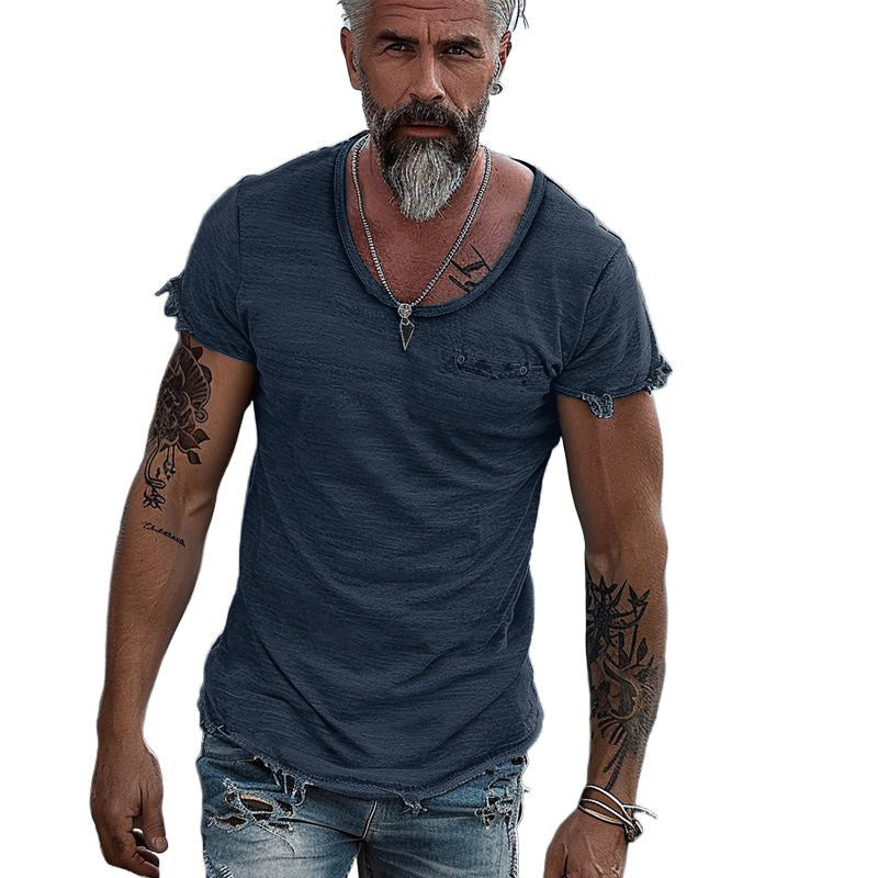 Men's Retro Solid Color Round Neck Raw Edge Short Sleeve T-Shirt