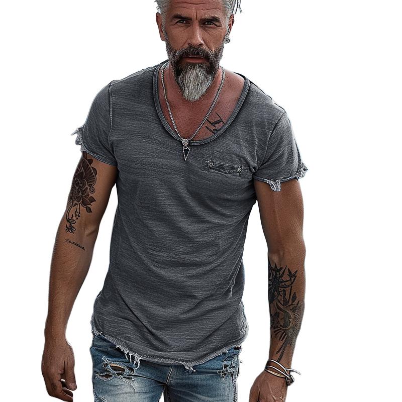Men's Retro Solid Color Round Neck Raw Edge Short Sleeve T-Shirt