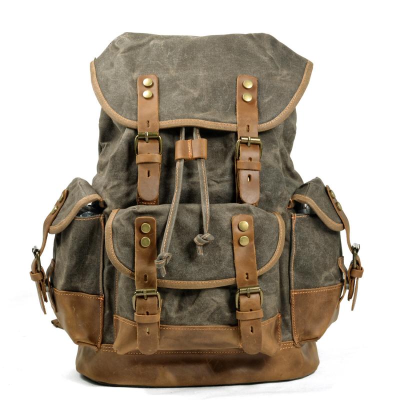 Men's Vintage Outdoor Canvas Stitching Leather Multi-Pocket Backpack