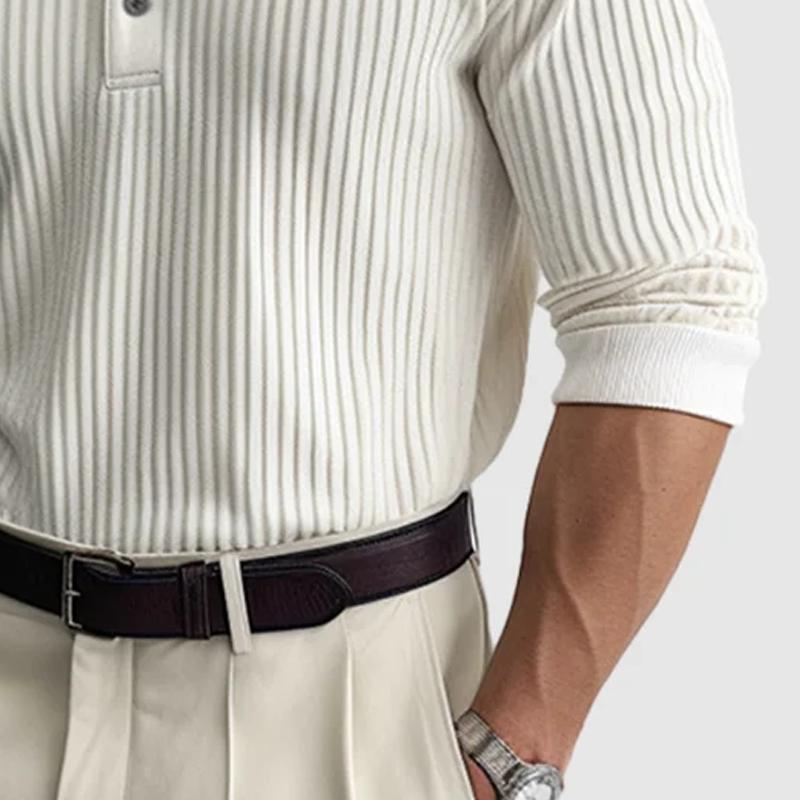 Men's Solid Striped Lapel Long Sleeve Polo Shirt