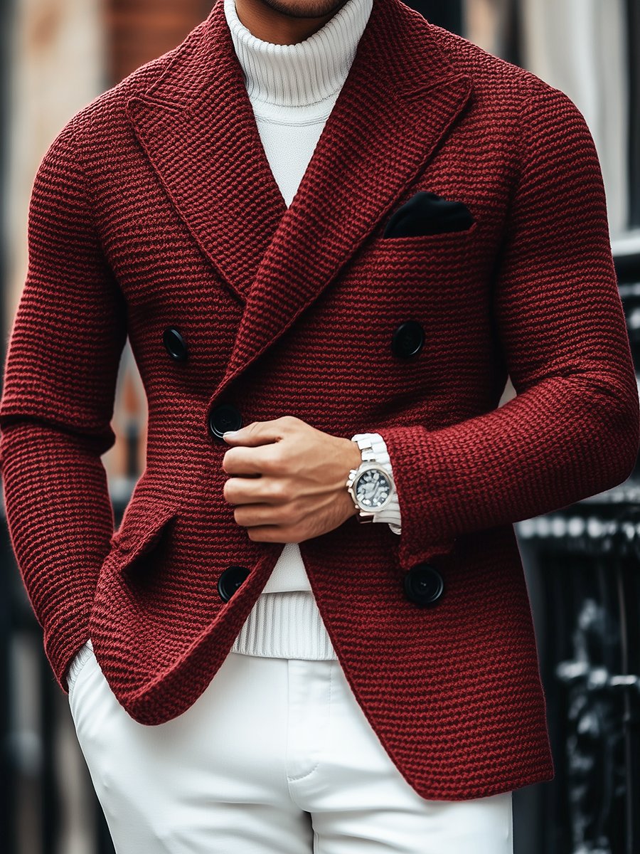 Vintage Lapel Multi-Pocket Casual Double Breasted Knitted Blazer