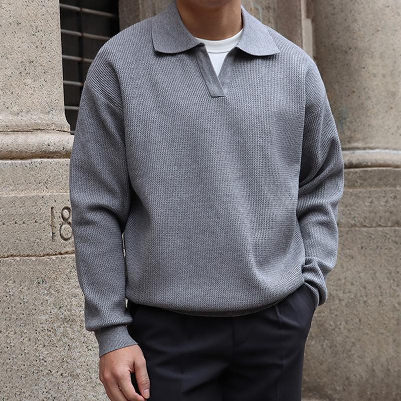 Polo en tricot à manches longues et revers de couleur unie pour homme