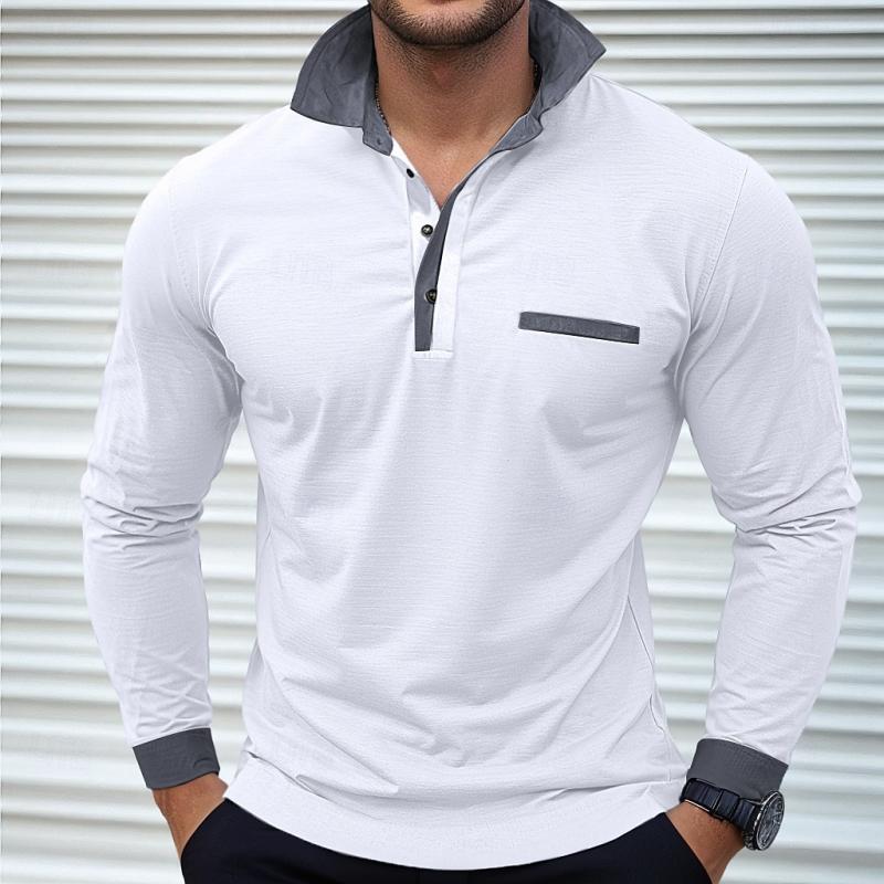 Men's Colorblock Long Sleeve Lapel Polo Shirt