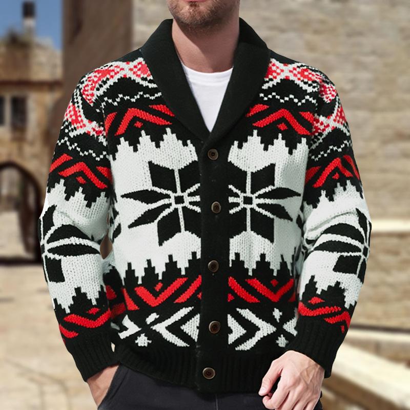 Men's Vintage Christmas Jacquard Lapel Single Breasted Knit Cardigan
