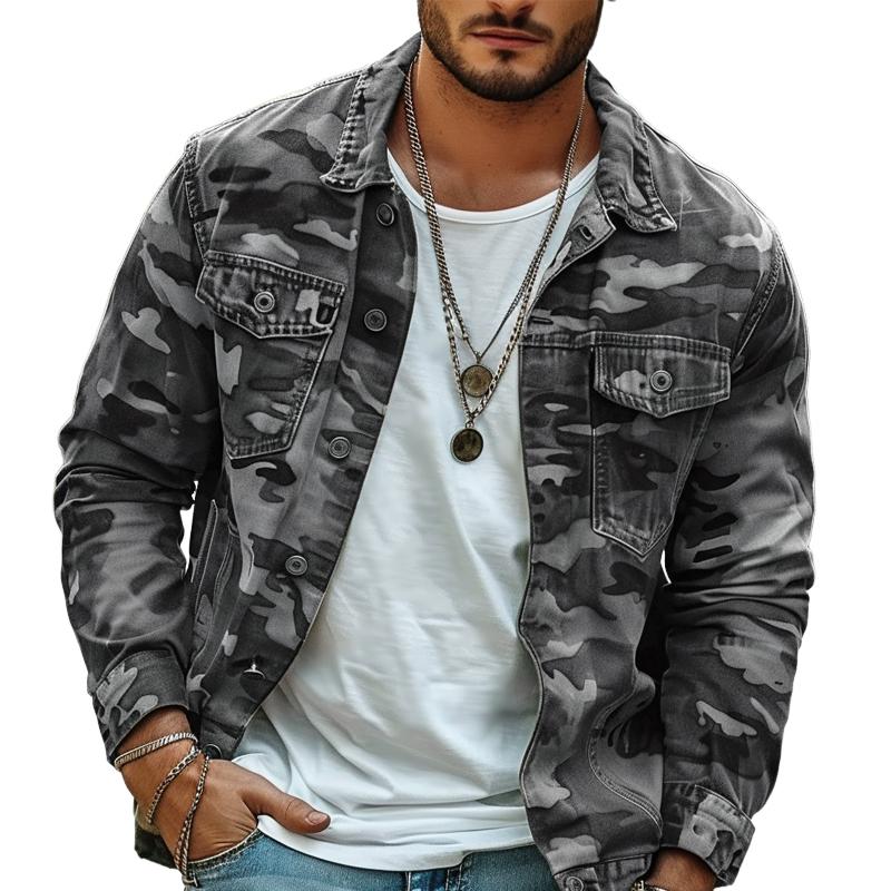 Veste à revers style rétro en toile camouflage pour homme