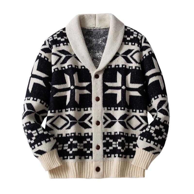 Men's Christmas Jacquard Thick Lapel Single Breasted Knitted Cardigan