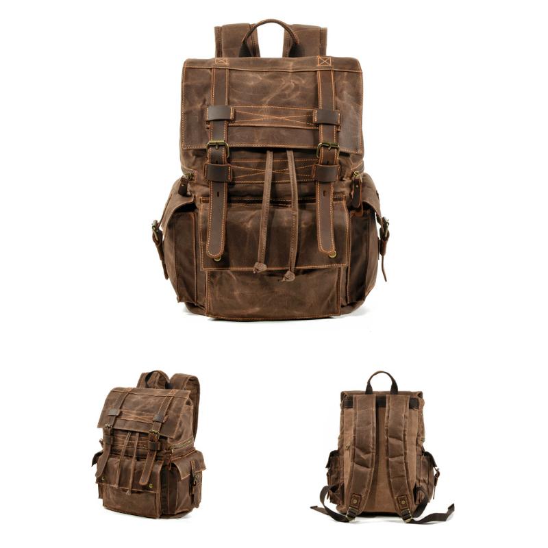 Men's Vintage Beeswax Canvas Outdoor Leather Multi-Pocket Backpack