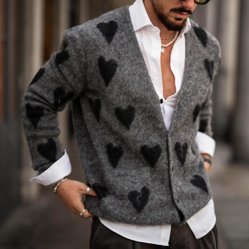 Men's Fashion Heart Graphic V Neck Single Breasted Knit Cardigan