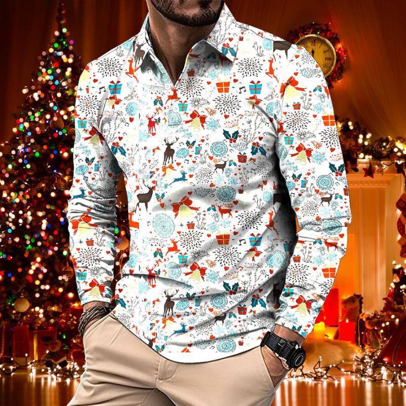 Polo à manches longues pour homme, style rétro décontracté, imprimé floral de Noël
