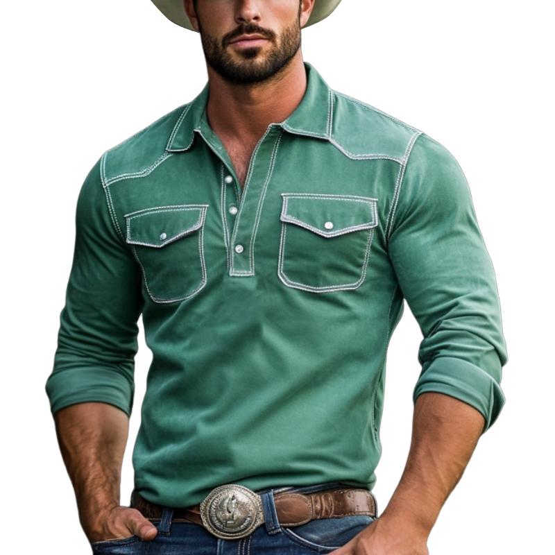 Polo à manches longues en daim pour homme, coupe ajustée, style western