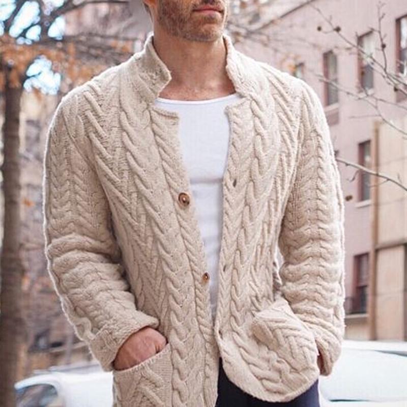 Men's Vintage Stand Collar Single Breasted Cable Knit Cardigan