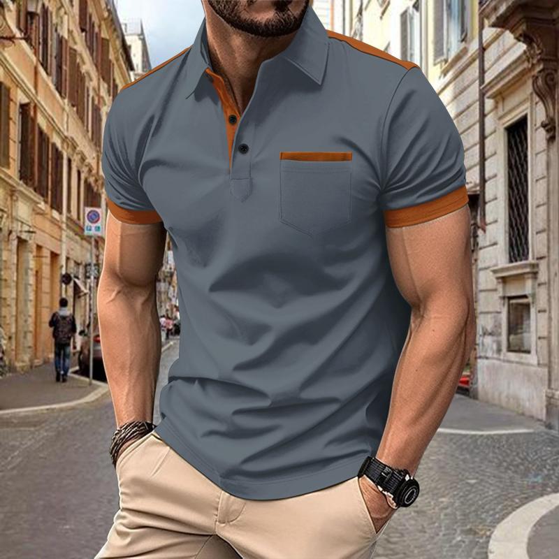 Men's Colorblock Chest Pocket Lapel Short Sleeve Polo Shirt