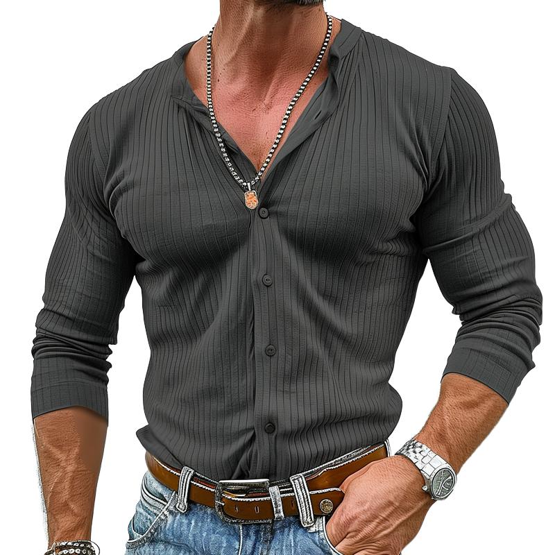 Chemise à manches longues et col rond pour homme, couleur unie, rayée