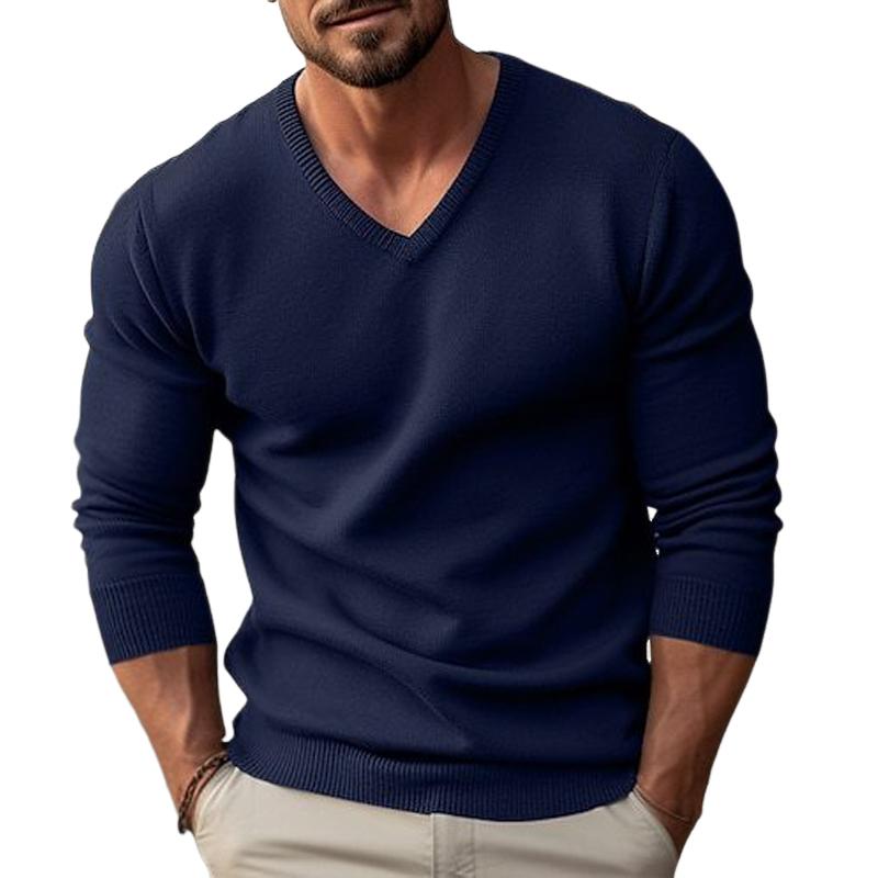 Pull en tricot à manches longues et col en V de couleur unie pour homme