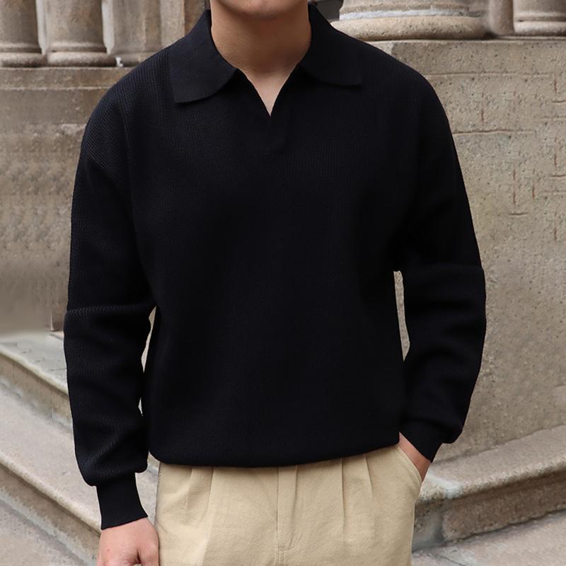 Polo en tricot à manches longues et revers de couleur unie pour homme