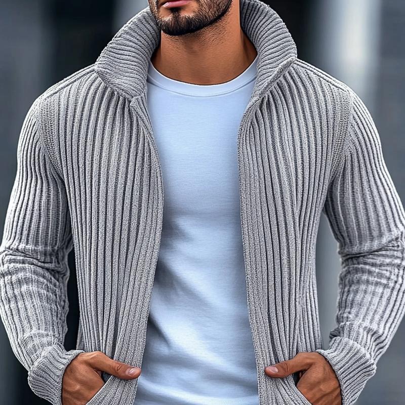 Men's Fashion Stand Collar Solid Striped Long Sleeve Knit Cardigan