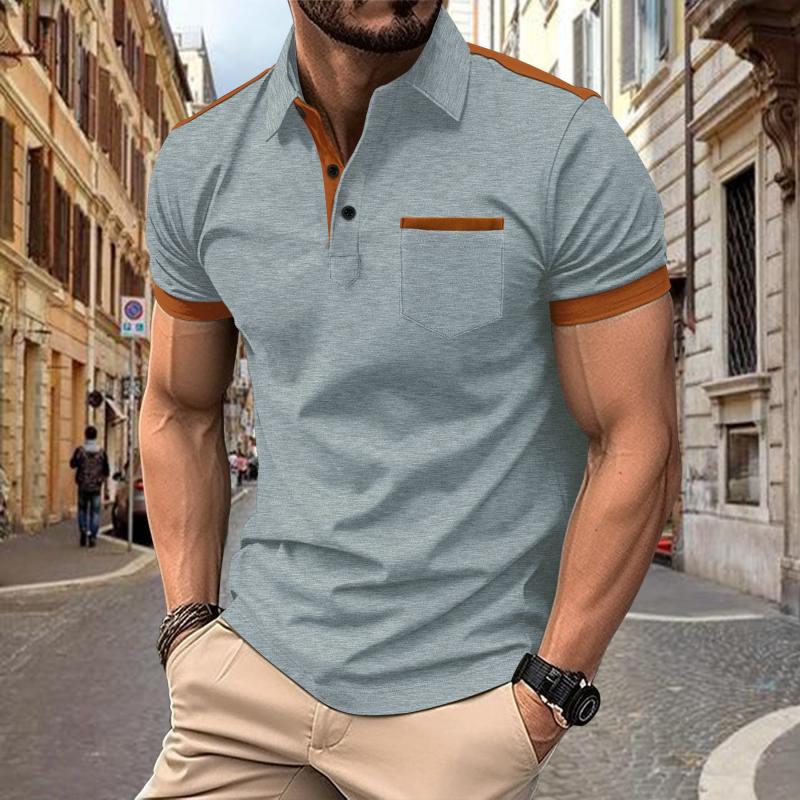 Men's Colorblock Chest Pocket Lapel Short Sleeve Polo Shirt