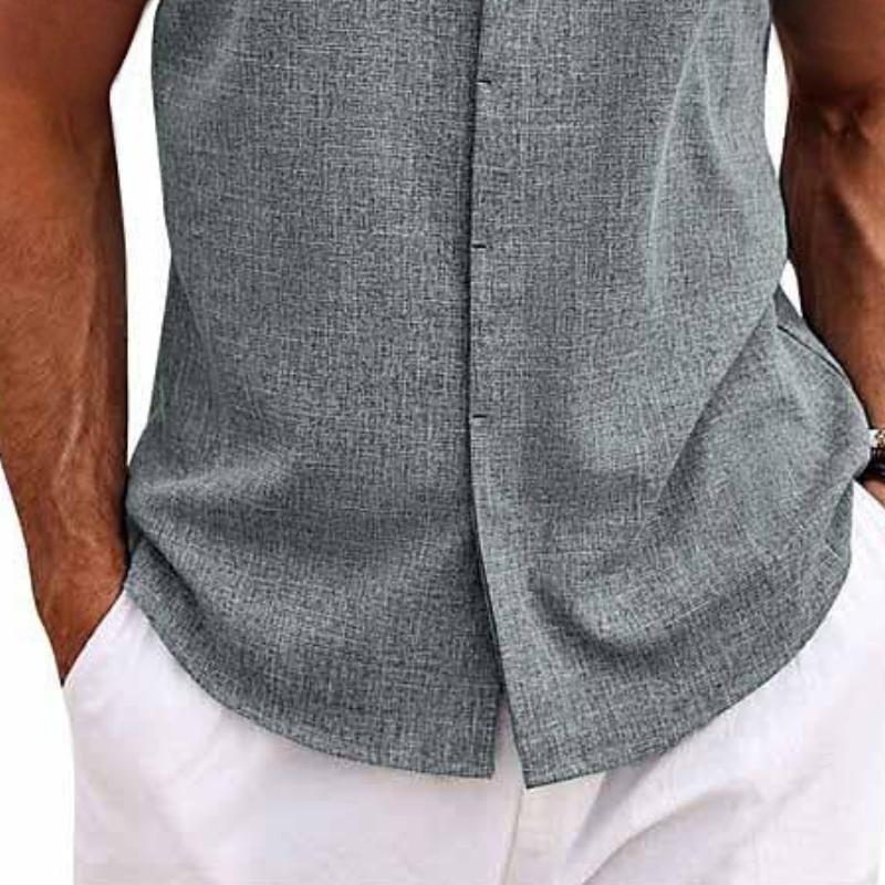 Chemise sans manches à revers de couleur unie en coton et lin pour homme