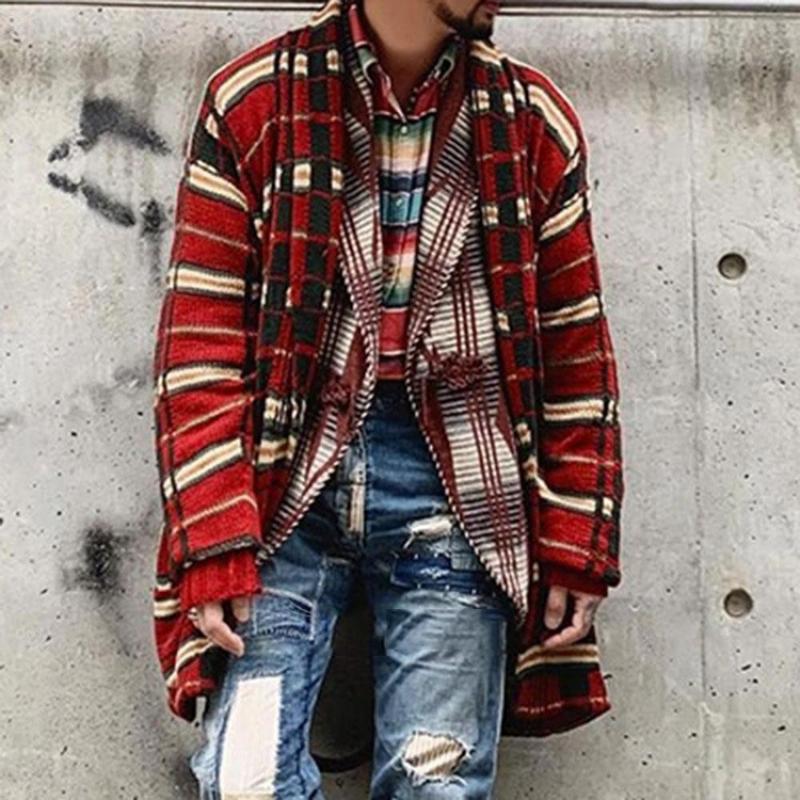 Cardigan décontracté en maille ample à carreaux pour homme