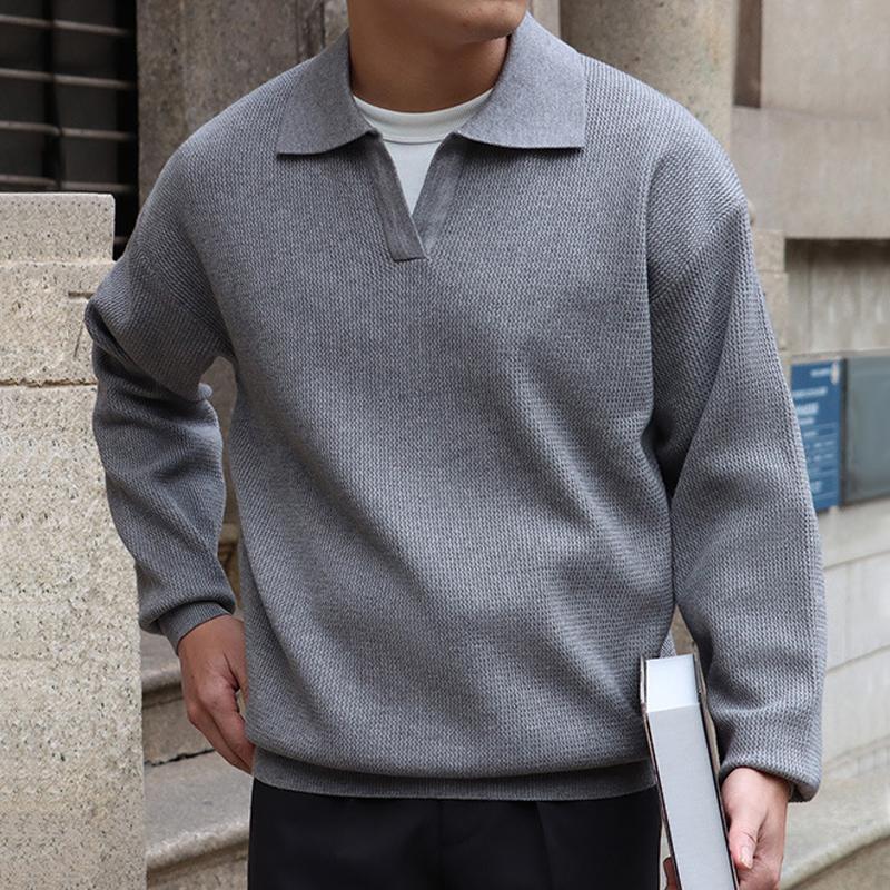 Polo en tricot à manches longues et revers de couleur unie pour homme
