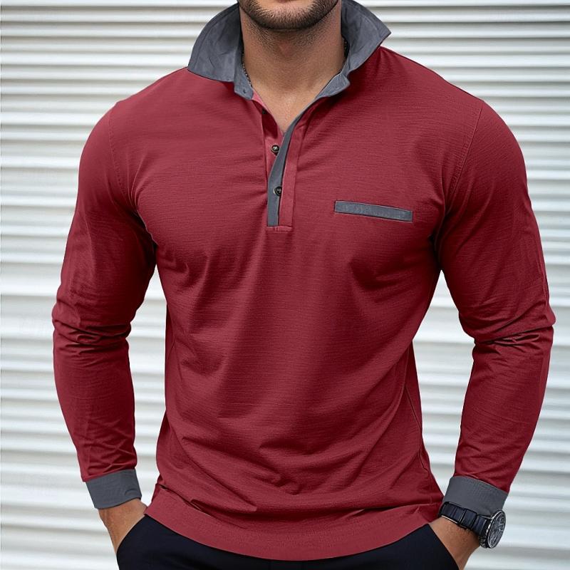 Men's Colorblock Long Sleeve Lapel Polo Shirt