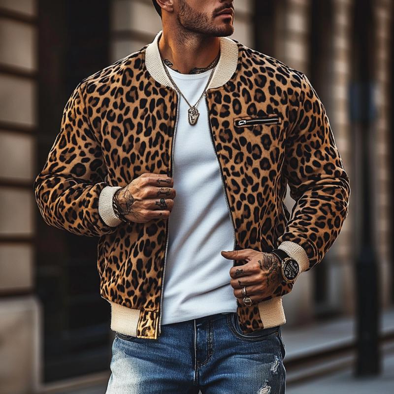 Men's Vintage Leopard Print Colorblock Zip-Up Bomber Jacket