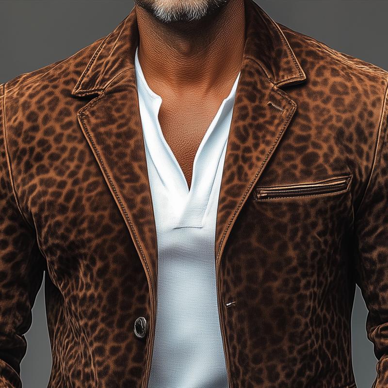 Men's Vintage Leopard Suede  Notch Lapel Multi-pocket Single Breasted Blazer