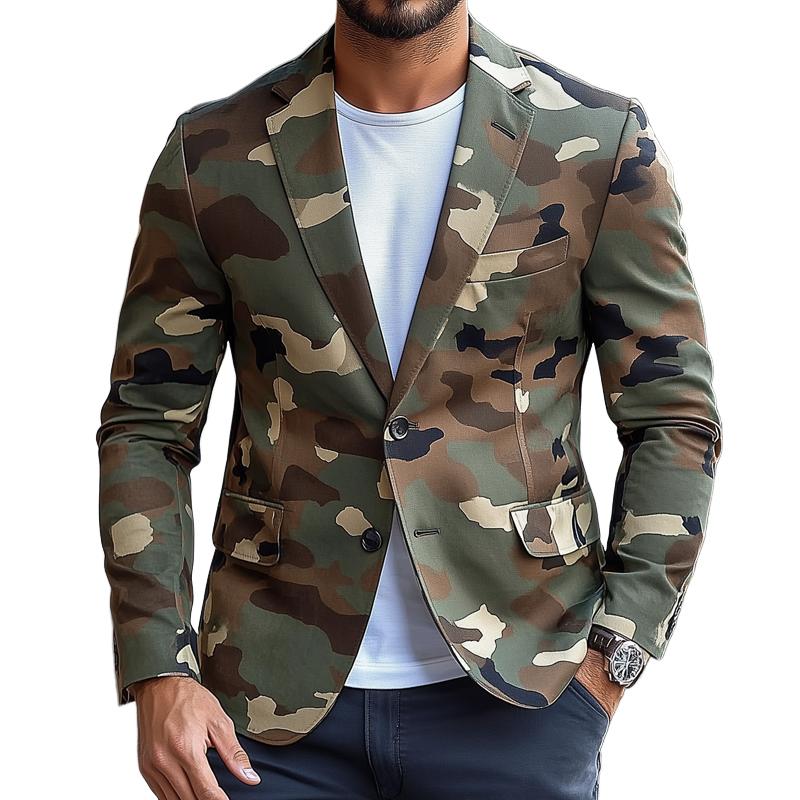 Men's Retro Camouflage Notch Lapel Single Breasted Casual Blazer