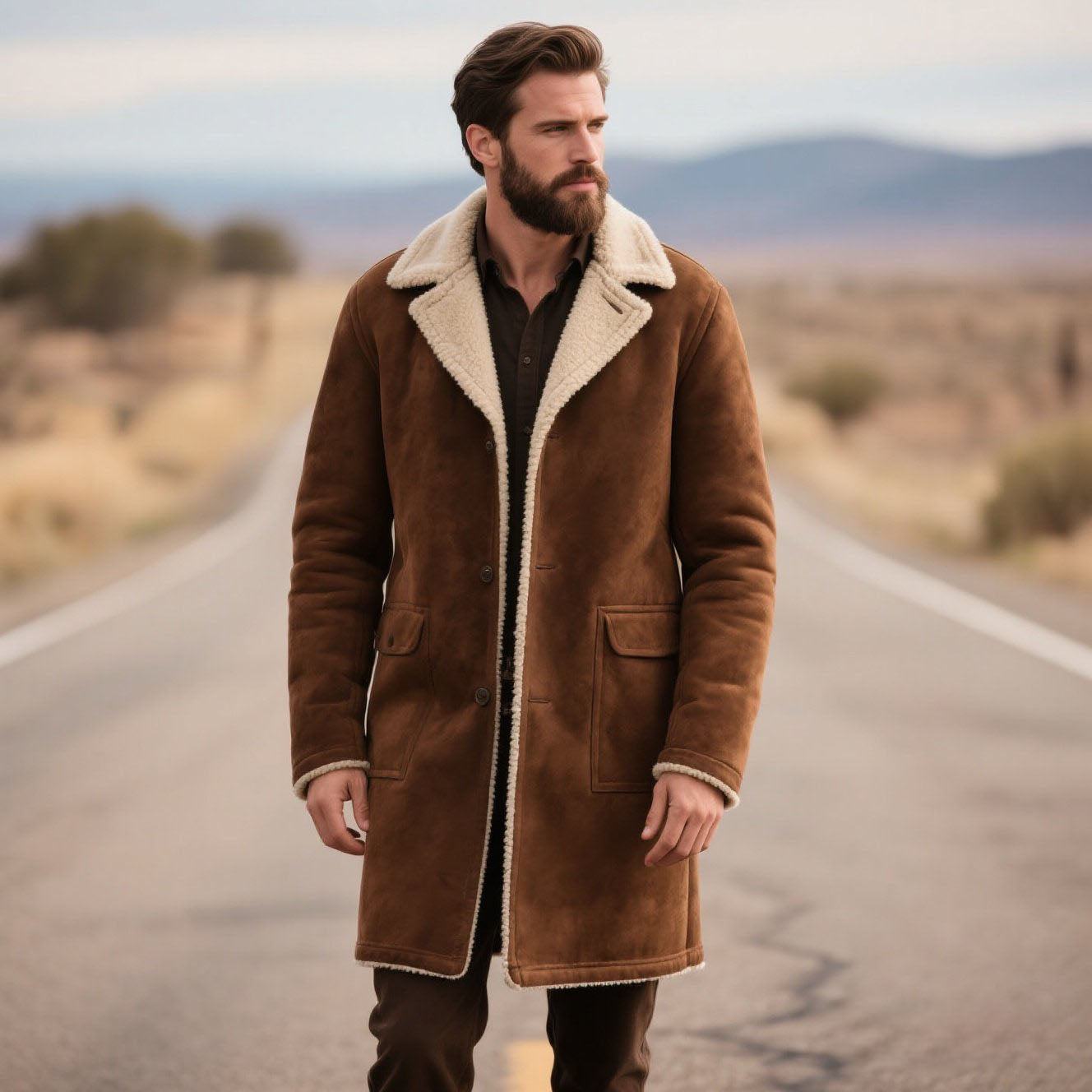 Men's fashionable and casual brown long lambskin coat