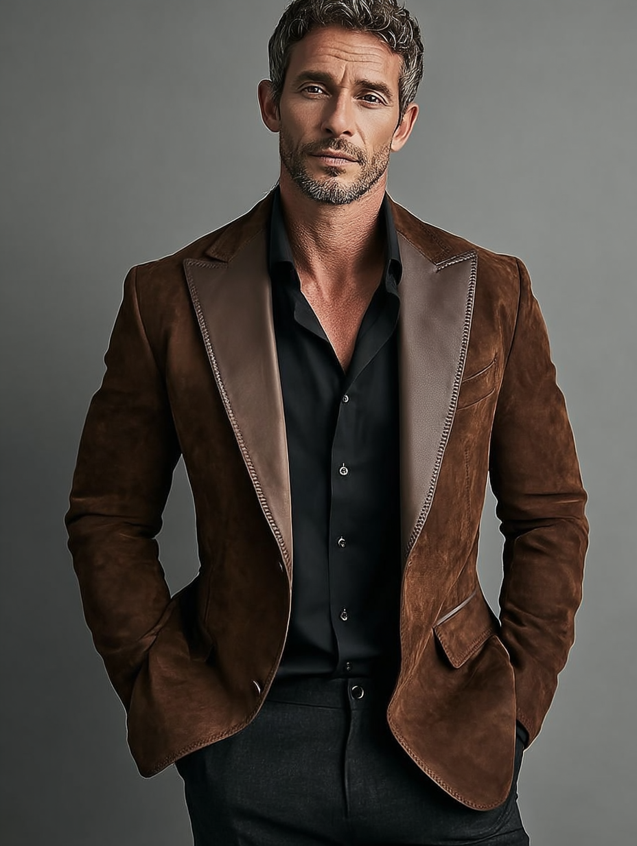 Men's fashionable casual warm brown suede suit jacket