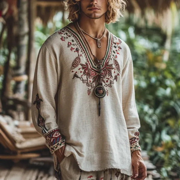 Herren-Oberteil im Bohemian-Urlaubsstil, Vintage-Stil, bedrucktes Leinen, lässig, langärmelig 