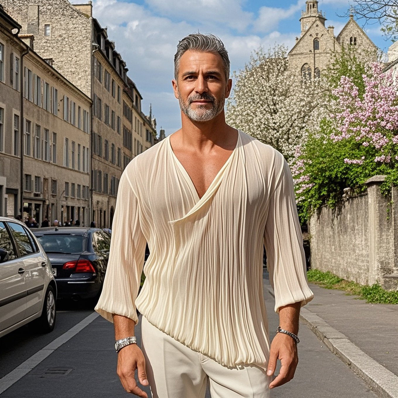 Men's fashionable casual grey pleated long-sleeved T-shirt
