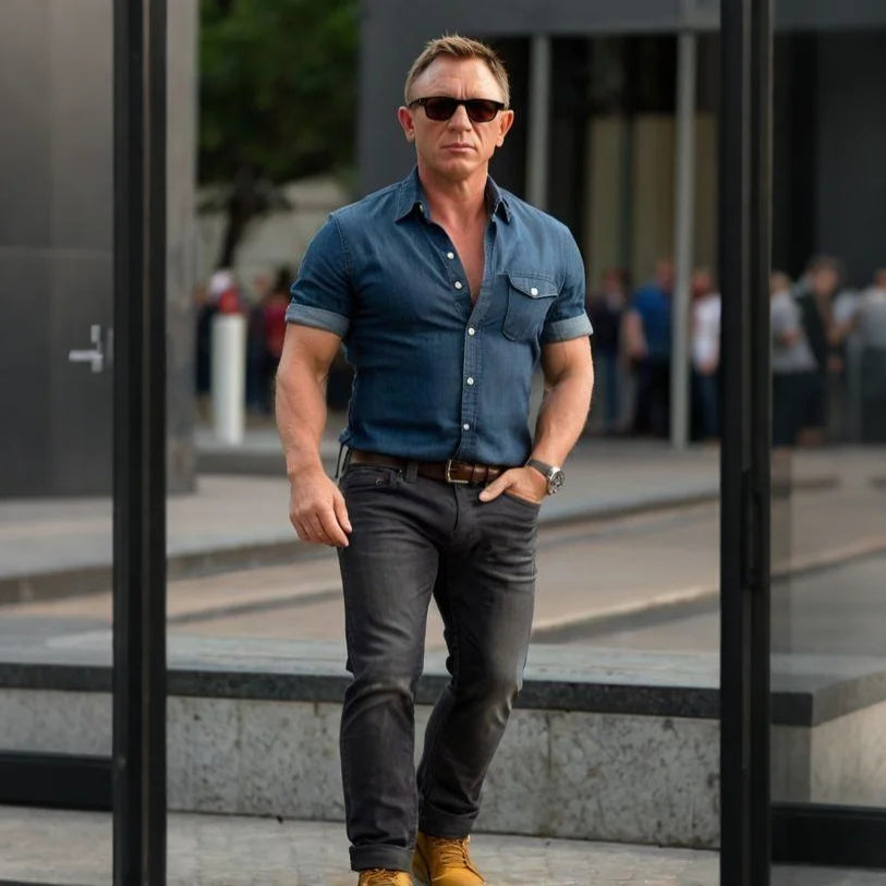 Men's fashionable casual blue denim short-sleeved shirt