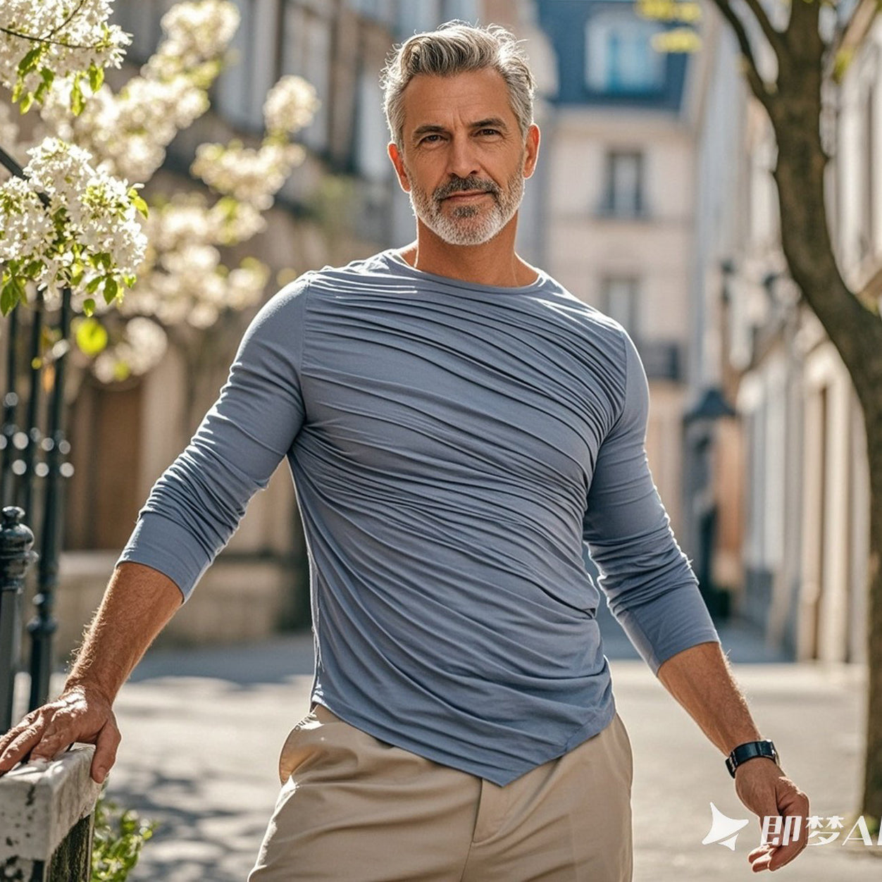 Men's fashionable casual grey pleated long-sleeved T-shirt