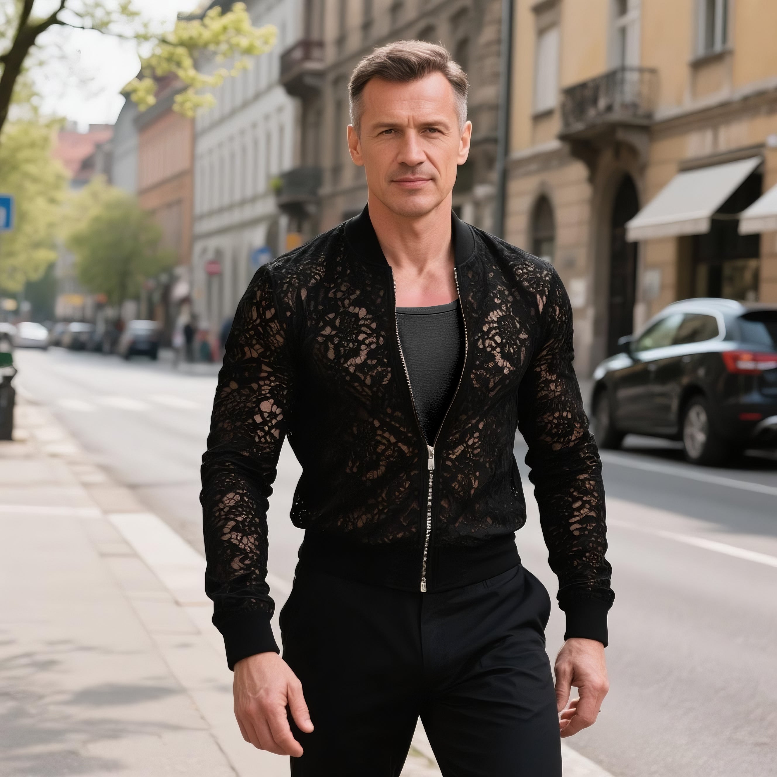 Men's fashionable and casual black lace jacket